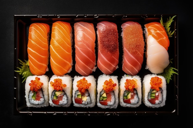 Top view of Japanese sushi set with sashimi and maki rolls on a plate isolated on white