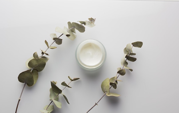 Top view of a jar of cream, with eucalyptus leaves.