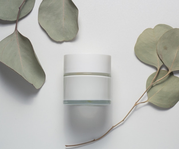 Photo top view of a jar of cream, with eucalyptus leaves.