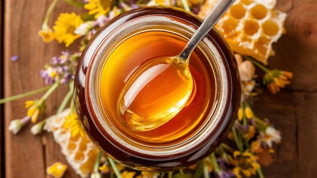 Top view jar with organic honey