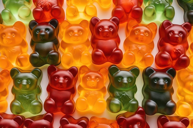 Top view of jelly gummy bears candies of different colors sweets background