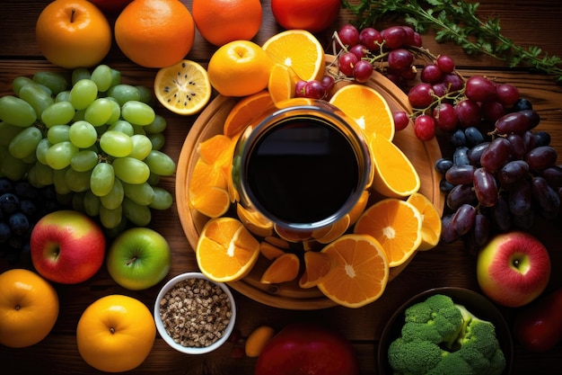 Foto vista dall'alto della spremitrice e dell'assortimento di frutta sul tavolo