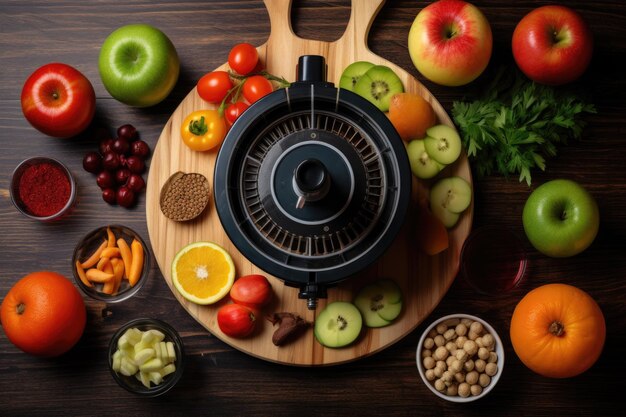 Photo top view of juicer with sliced fruits on board