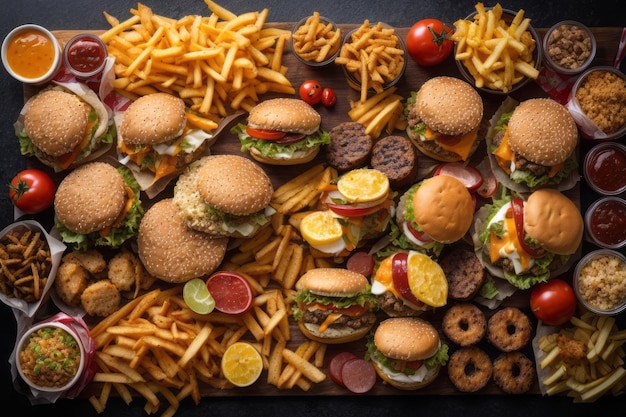 top view of junk food on the table unhealthy fast food