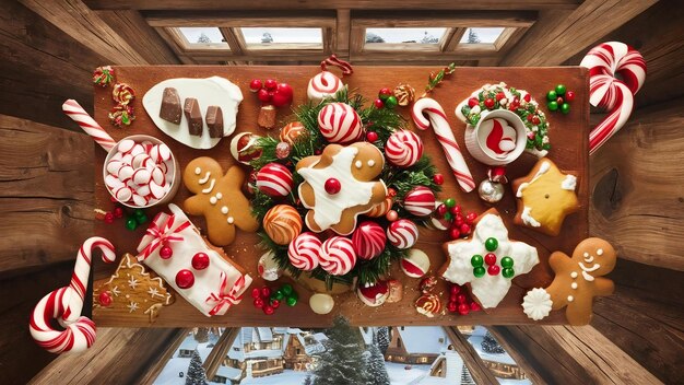 Top view kerst snoepjes met houten achtergrond