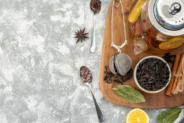 Top view kettle with tea lemon tea on white background flower ceremony food color morning fruit breakfast