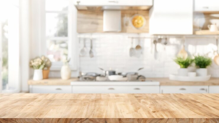 Foto top view keuken achtergrond houten toonbank met licht interieur voor modern huis en voedsel display