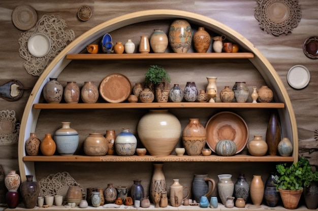 Top view of a kiln shelf with pottery pieces