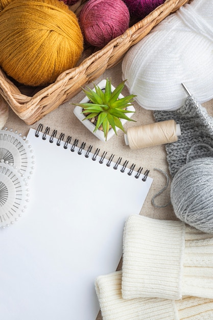 top view of knitting set with yarn and basket