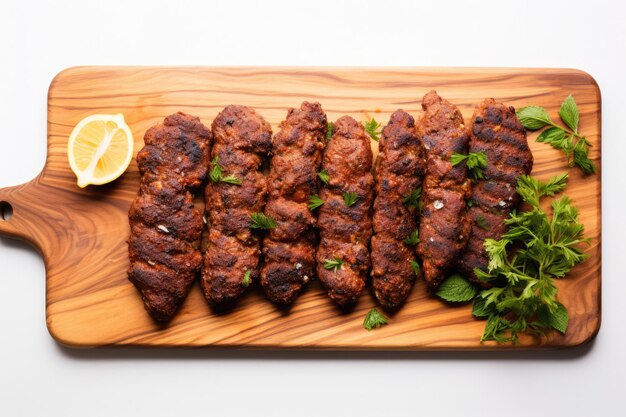 Top View Kofta On A Wooden Boardon White Background