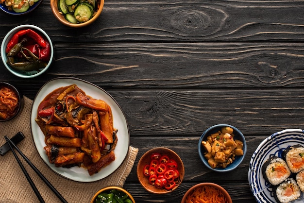 Top view of korean topokki near kimbap kimchi chopsticks side dishes and cotton napkin on wooden