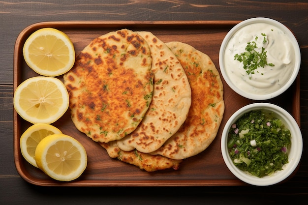 Top view lahmacun met peterselie en citroen en ayran en doek in houten eetbak ar c