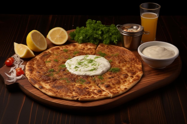 Top view lahmacun with parsley and lemon and ayran and rag in wooden food tray ar c