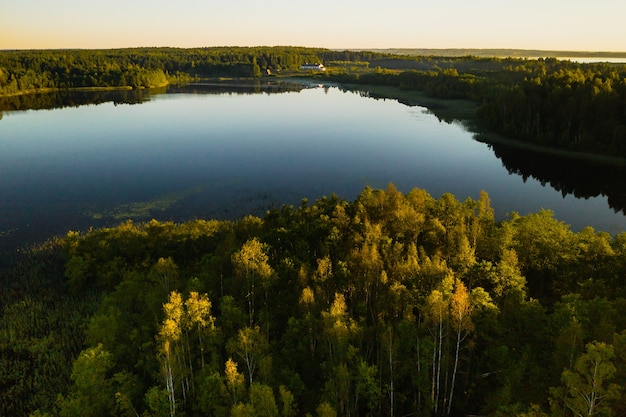 Top view of the lake Bolta in the forest in the Braslav lakes National Park