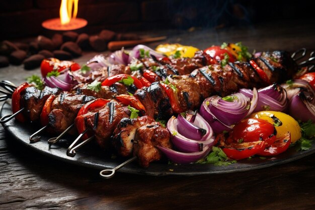 Photo top view of lamb ribs kebab with herbs onion and pomegranate beans on lavash