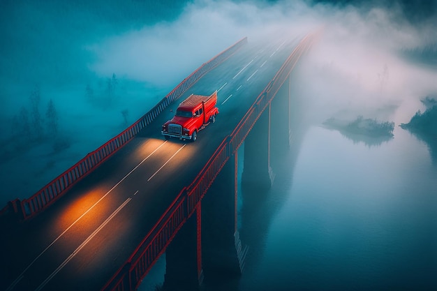 Пейзаж сверху с красным грузовиком на мосту в голубых тонах туманного утра Generative AI