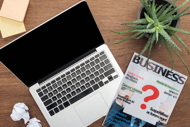 Top view of laptop, business magazine and potted plant on wooden tabletop