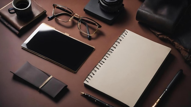 Top view of laptop glasses and notepad on dark textured background