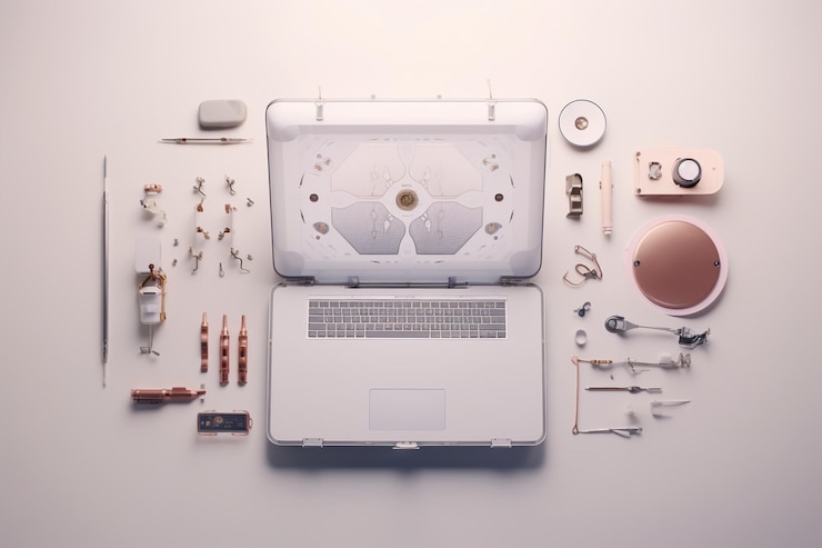 Photo top view laptop and medical equipment