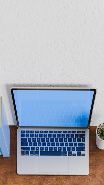 Top view of laptop near books and a flowerpot on wooden table work at home theme 3d illustration