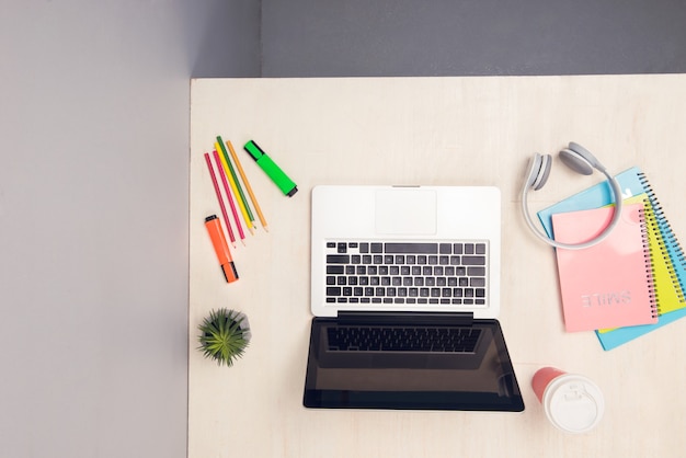 Top view laptop or notebook workspace office on white table