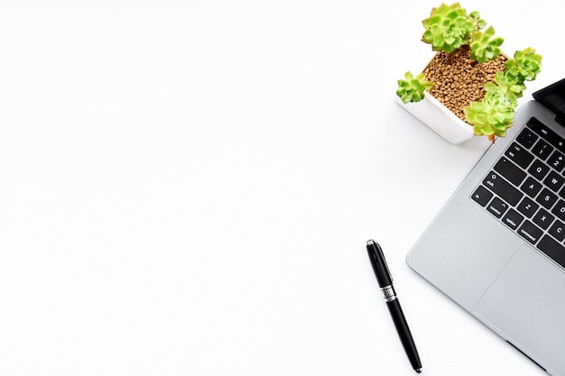 Top view of laptop,Succulent and pen on white background with copy space