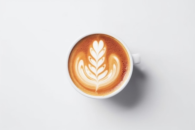 Верхний вид латте-арта кофе на белом фоне