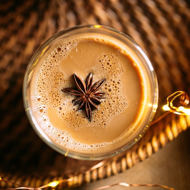 Вид сверху кофе латте с звездчатым анисом