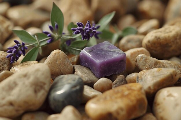 Top view lavender soap on rocks