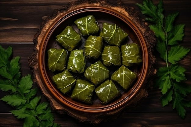 Top view leaf dolma delicious eastern meat meal rolled inside green leaves on dark ar c