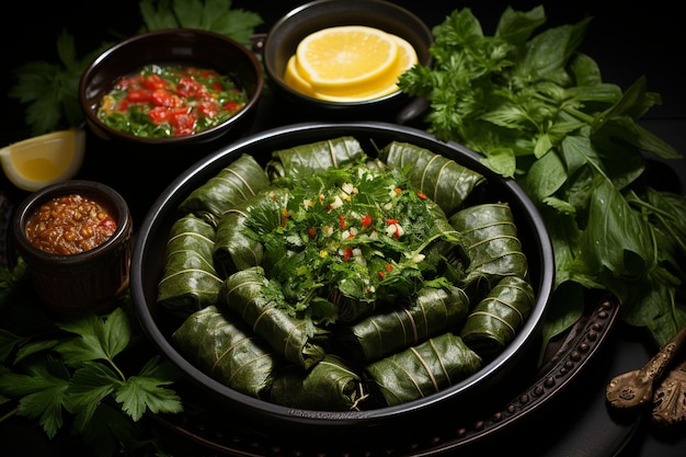 Top view leaf dolma delicious eastern meat meal rolled inside green leaves on dark