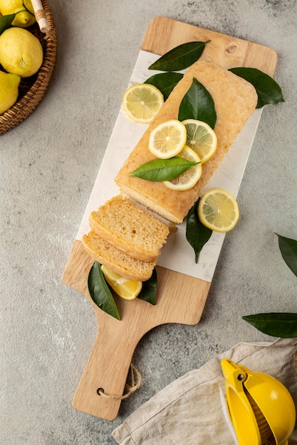 Top view of lemon cake with leaves