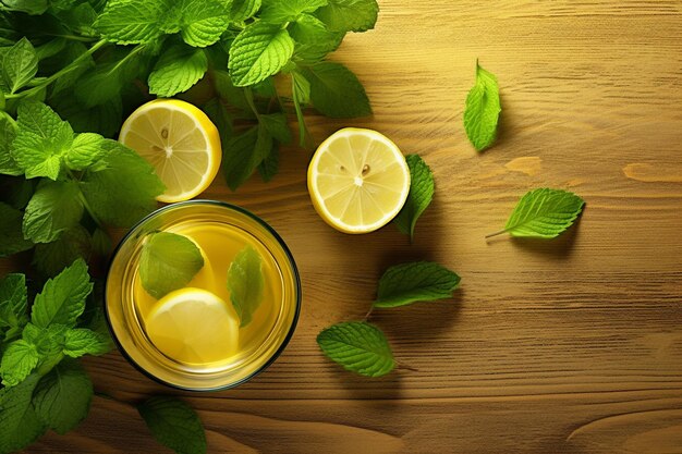 Вид сверху лимонного чая с лимонными кусочками