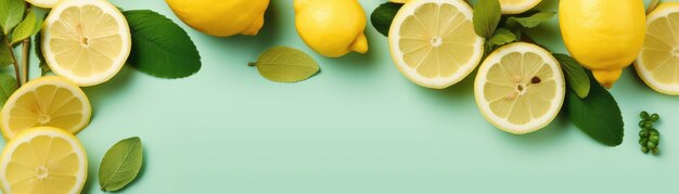 Photo top view lemonade and lemons on mint background banner for web generative ai