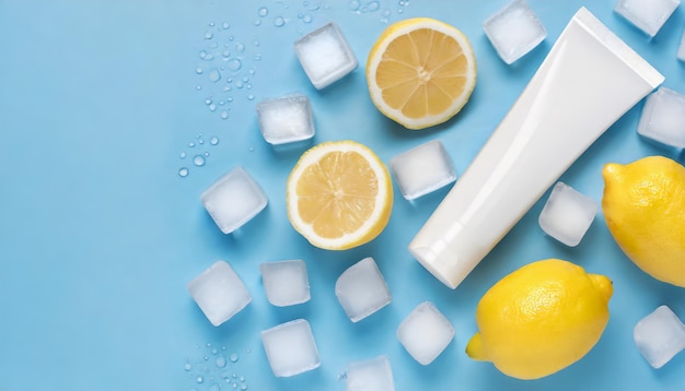 Top view of lemons and ice cubes with water drops and white tube of cream without label on blue