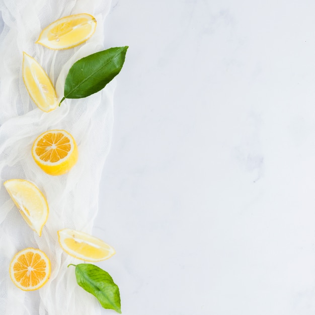 Top view lemons with leaves