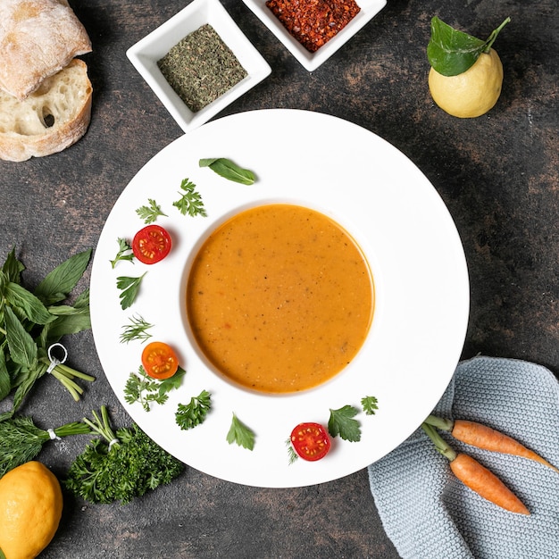 Photo top view of lentil soup in white plate vegetables and pepers on grey table