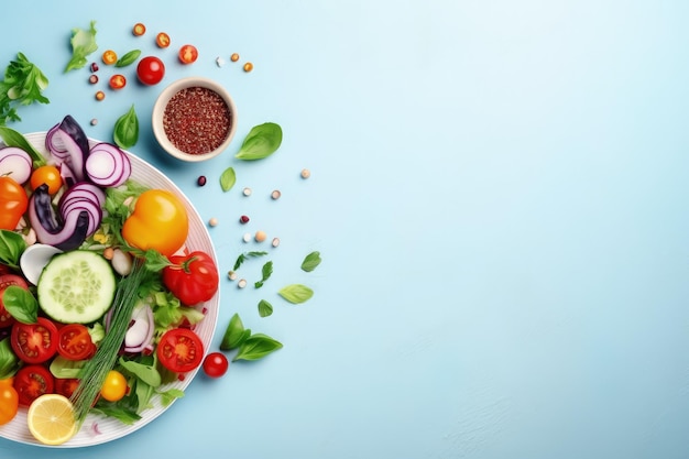 Top view of a light blue background with a frame of a healthy salad made with fresh and delicious in