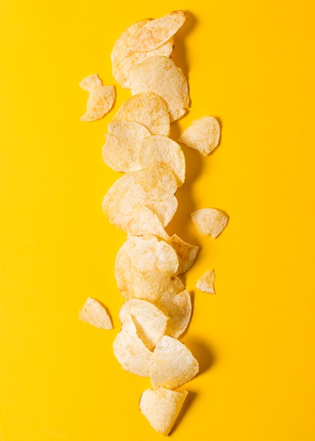 Top view of line of potato chips