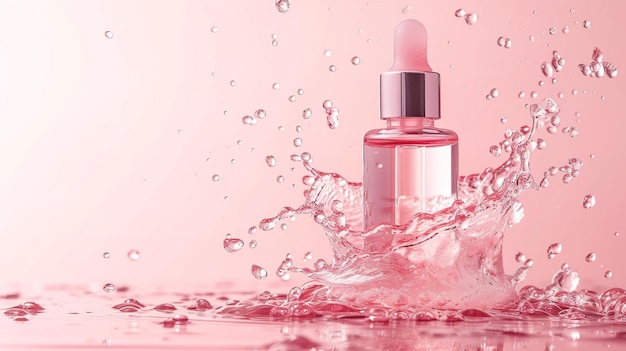 Top view of liquid serum splashing with bottle on a lite pink backdrop with space Generative AI