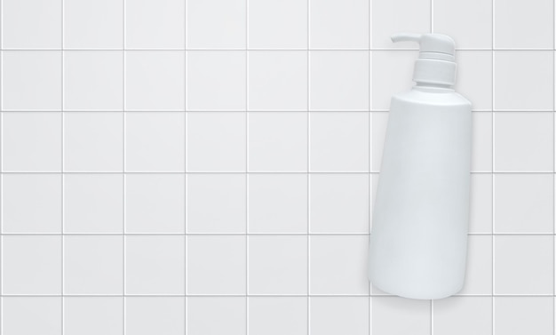 Top view Liquid soap bottle with tile background Bathroom accessories