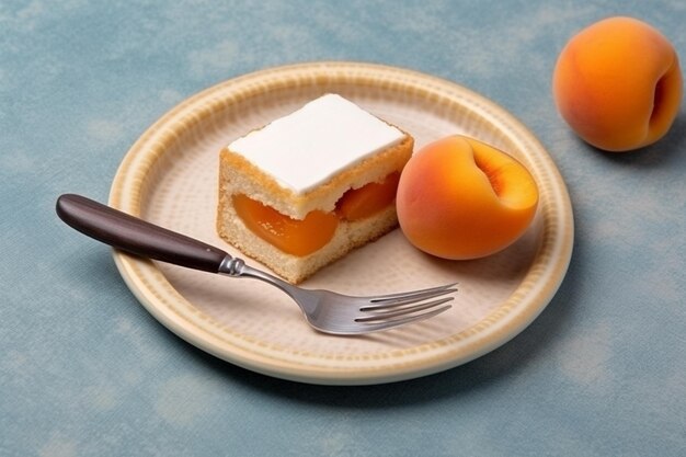 Top view little cake slice with apricots inside plate