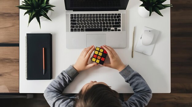 Photo top view little kid playing with rubics cube on the white desk