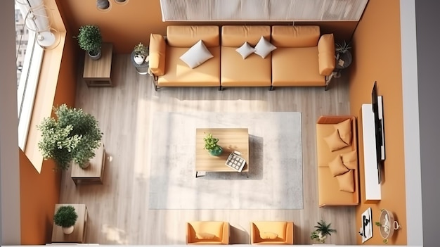 Top view of living room interior 3d render Bright color Generative Ai