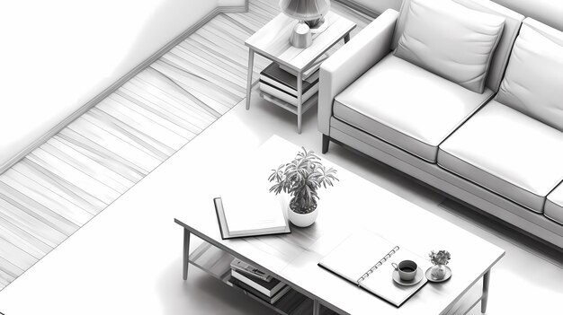 Top View Living Room Minimalism Gray Furniture White Walls Magazine Illustration