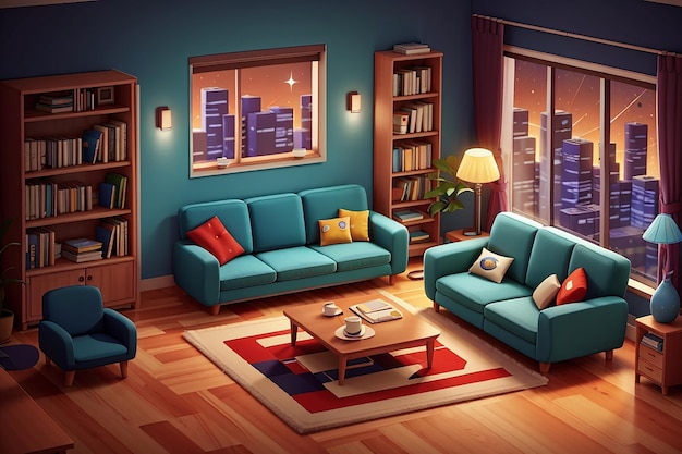 Top view of living room with sofa chair tv on wall and bookcases at night vector cartoon illustration of Cartoon room