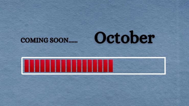 Photo top view of loading bar with text coming soon october light blue background