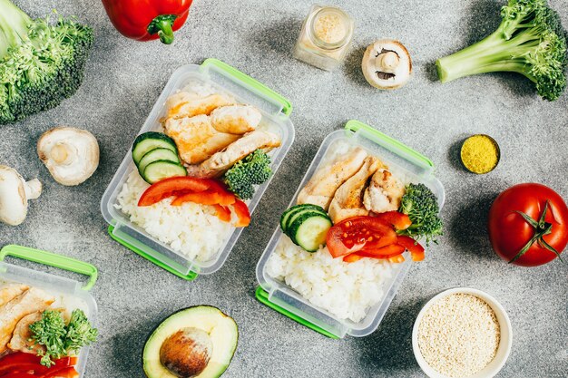 top view of lunch boxes with vegetables, rice, meat on gray surface