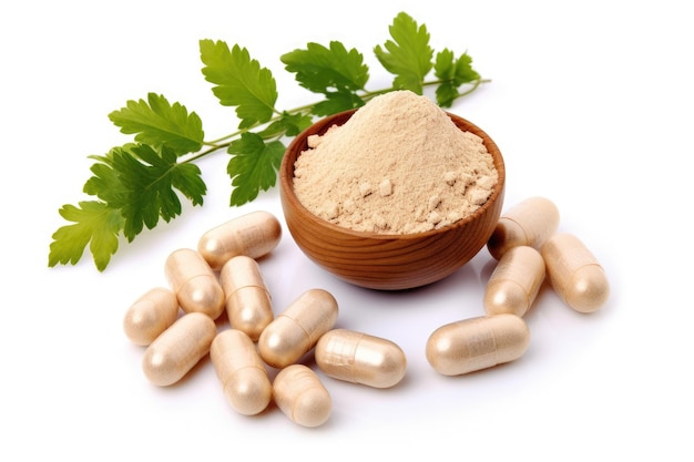 Photo top view of maca powder and herbal medicine capsule on white background