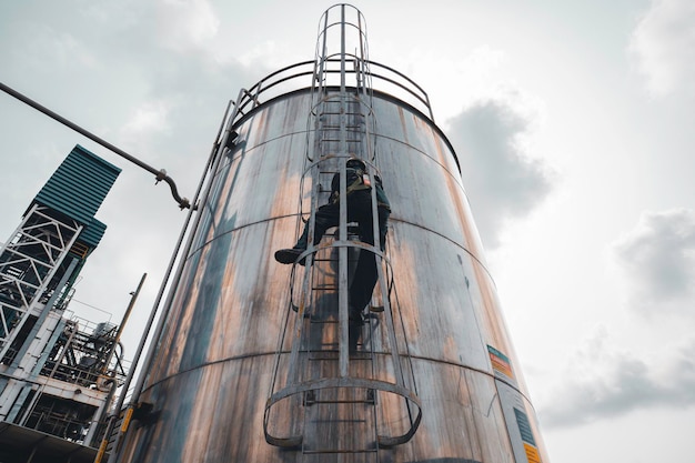 Top view male worker climbs up the ladder inspection stainless tank work at height